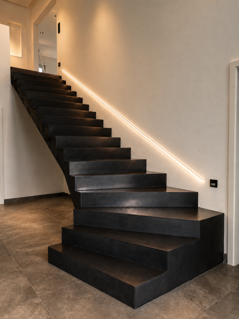 Moderne Beton-Winkelstufen in Anthrazit Schwarz gewandelt mit LED-Beleuchtung im Neubau